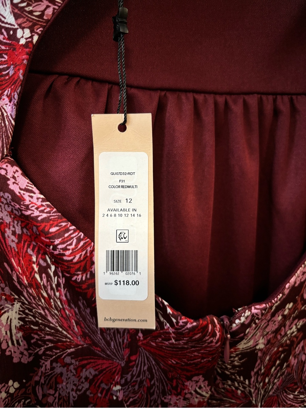 BCBGeneration Burgundy Floral Long Sleeve Ruffle-Hem Dress - Picture 7 of 7